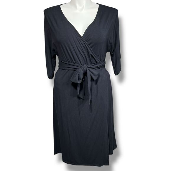 Yansi Fugel Womens Wrap Dress Midi Surplice V Neck Short Sleeve Stretch Black XL - Picture 1 of 10